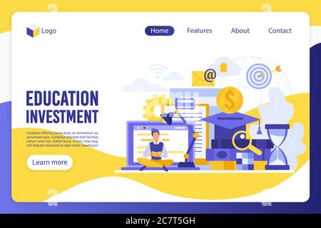 Education investment flat landing page vector template. Student, learner, man reading book faceless character. Target, e-learning, goal achievement web banner homepage design layout Stock Vector