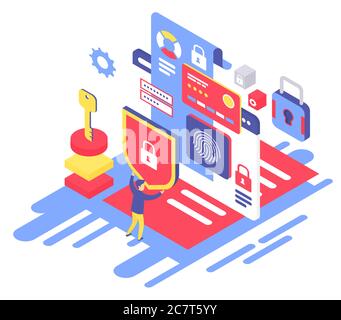 Data protection isometric vector illustration. Authorization, verification. Personal information security. Guarding private data. Electronic password. Cybersecurity cartoon conceptual design element Stock Vector