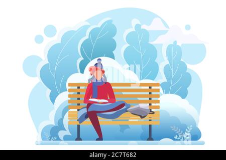 Young man reading in winter cold park flat vector illustration. Smart student studying, bookworm cartoon character. Boy sitting on bench with book. Literature hobby, intellectual recreation Stock Vector