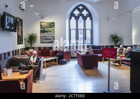 Cafe Hub in The Hub building also called Tolbooth Kirk, former St John Church in Edinburgh, the capital of Scotland, United Kingdom Stock Photo