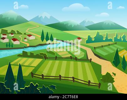 Green fields and mountains flat vector illustration. Rural landscape, countryside, village, small houses, cottages by river. Nature, ecologically clean region, hilly terrain, grassland and riverside Stock Vector