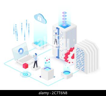 Database white isometric vector illustration. Electronic maintenance team. Service hardware administration group. Futuristic cyberspace technology. Cloud datacenter cartoon conceptual design element Stock Vector