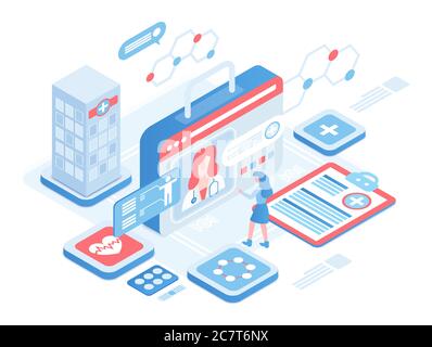 Online diagnosis isometric vector illustration. Female patient on professional consultation. Digital platform for healthcare. Telemedicine. Medical services cartoon conceptual design element Stock Vector