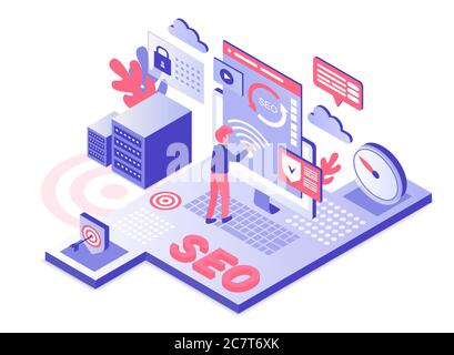 SEO technology isometric vector illustration. Internet business promotion campaign. Strategy development. Search engine optimization. Online advertising cartoon conceptual design element Stock Vector