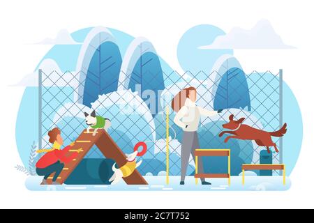 Dog playground flat vector illustration. People with dogs cartoon characters. Man and woman playing with pets in winter cold park. Domestic animals training. Outdoors activity Stock Vector