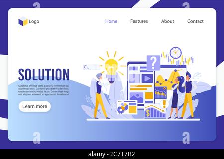 Solution, innovative decision landing page vector template. Advertising department workers, businesspeople faceless characters. Product promotion, market analysis web banner homepage design layout Stock Vector