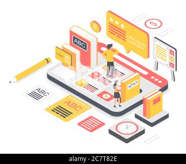 Language school isometric vector illustration. Virtual multilanguage platform for students. Internet courses and lessons. Vocabulary and translation. Online education cartoon conceptual design element Stock Vector