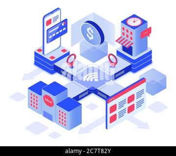 Online shopping isometric vector illustration. Retail business. Consumerism and commerce. Ordering goods. Purchasing and selling. Currency transaction. Internet store cartoon conceptual design element Stock Vector