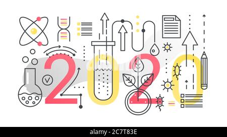 Science thin line concept vector illustration. Website interface creative linear design with abstract flat 2020 word, scientific innovative research symbols in chemistry, biology or medicine icon Stock Vector