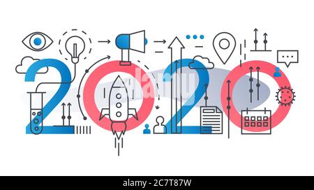 Business startup thin line concept vector illustration. Website interface creative design with abstract flat 2020 word, rocket spaceship, light bulb idea, starting and improving business workflow icon Stock Vector