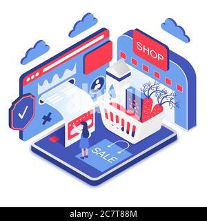 Secure online shopping isometric vector illustration. Digital platform for internet store. Purchasing food with credit card. Wireless payment for goods. E-commerce cartoon conceptual design Stock Vector
