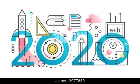 School thin line concept vector illustration. Website interface creative linear design with abstract flat 2020 word, symbols of college, course or public school, education technology tools elements Stock Vector