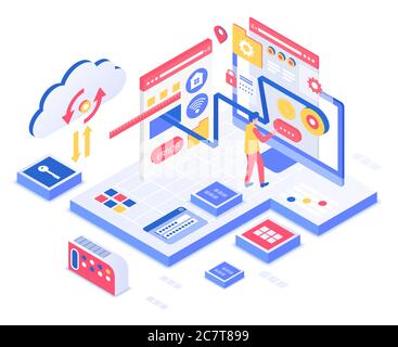 SEO isometric vector illustration. Search engine optimization service. Business, marketing. Data analysis and information management. Online technology customization cartoon conceptual design element Stock Vector