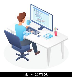 Programming isometric man vector illustration. Male coder sitting beside desk. Javascpirt course education. Hacker workplace. QA professional training and career. Developer cartoon character Stock Vector