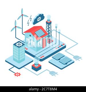 Smart home isometric vector illustration. Futuristic technology. Control panel for ergonimical power usage. Automated building management. Innovative house cartoon conceptual design element Stock Vector