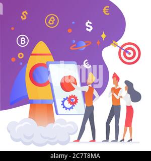 Start up flat vector illustration. Team cooperation on new project. Cryptocurrency and finance. Starting company. Enterpreneurship. Rocket launching. Corporate employees cartoon characters Stock Vector