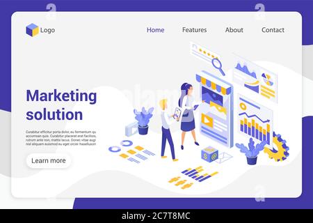 Marketing solution isometric landing page vector template. Analytics department, businessman and businesswoman faceless characters. Product promotion, market analysis web banner homepage design layout Stock Vector