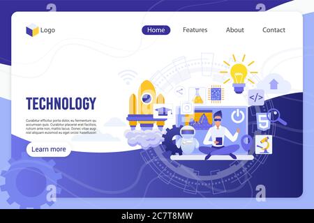 Technology, digital world landing page vector template. Businessman with 3D glasses and devices faceless character. Innovation, scientific breakthrough, high tech web banner homepage design layout Stock Vector
