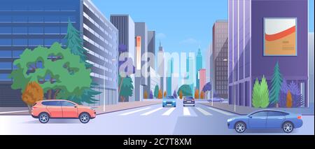 City street downtown vector illustration. Cartoon 3d urban cityscape with car traffic on road, luxury modern skyscraper buildings with store and billboard, empty crosswalk, town lifestyle background Stock Vector