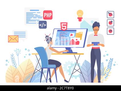 Programming and web design flat vector illustration. UX and UI coding. Responsive interface development. Coding computer software. Multiplatform app. Developer team cartoon characters Stock Vector