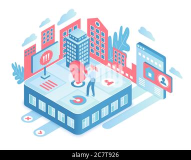 Real estate isometric vector illustration. Buying buildings and investing in property. Choosing new urban apartment. Searching for house. Business. Online service cartoon conceptual design element Stock Vector