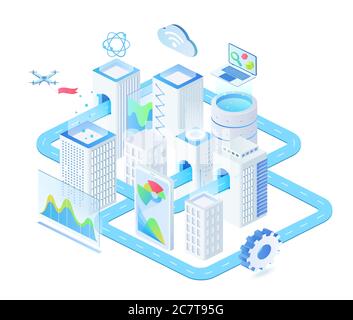 Digital technologies isometric vector illustration. Industrial innovative town management. Futuristic cluster. Connection and urban infrastructure. Smart city cartoon conceptual design element Stock Vector