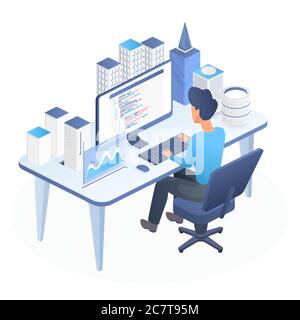 Smart city programming isometric vector illustration. Innovative technology development. Computer science and web coding. Male programmer working beside desk. Internet of things design element Stock Vector