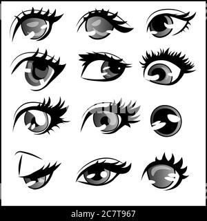 Different styles and shapes of anime eyes, element pack. Set of twelve ocular drawings. Stock Vector