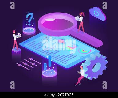 SEO technology dark neon isometric vector illustration. Search engine optimization agency. Business and management. Promotion strategy. Online marketing service cartoon conceptual design element Stock Vector