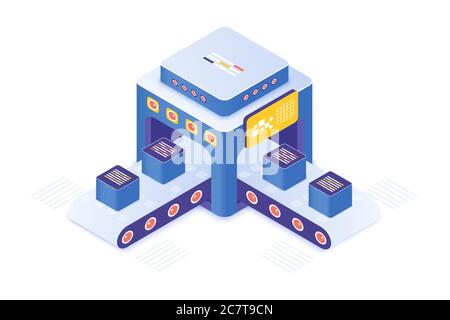 Cryptocurrency market place isometric vector illustration. Innovative technology for product distribution and segregation. Merchandise sorting facility. Retail cartoon conceptual design element Stock Vector