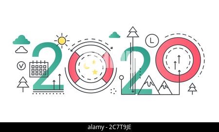 Travel thin line concept vector illustration. Website interface creative linear design with abstract flat 2020 word, summer vacation symbols, traveling to natural mountain landscape, weekend trip Stock Vector