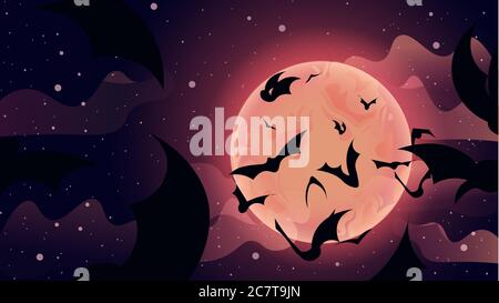 Flat illustration of bats flying up to the sky. Transylvanian landscape with clouds and full moon. Stock Vector