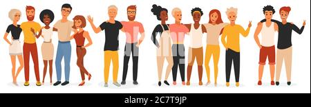 Friends vector illustration. Cartoon flat young man woman characters of different races standing in row together, crowd of friends people group smiling and hugging, friendship union isolated on white Stock Vector