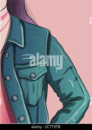 Close up image of a denim jacket. Urban style woman wearing blue jeans clothing . Stock Vector