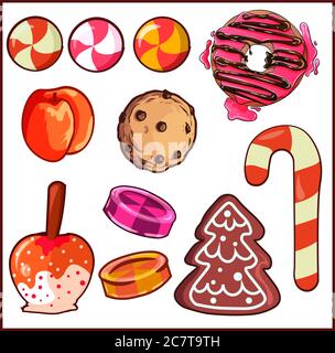 Design elements pack with different type of sweets and desserts. Candies, cookies, fruits and donuts elements pack. Stock Vector