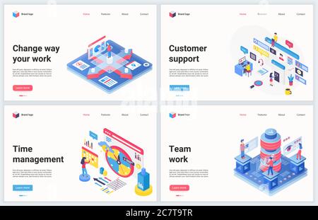 Isometric work technology optimization vector illustration. Creative concept banner set, interface webpage design with cartoon 3d successful business teamwork and optimizing time management strategy Stock Vector