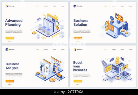 Isometric business data analysis process vector illustration. Modern concept interface design set for mobile website with cartoon 3d digital technology, processing, analyzing financial database report Stock Vector