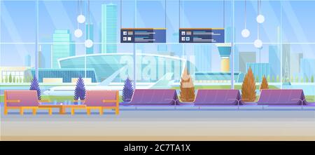 Airport lounge vector illustration. Cartoon flat modern inside interior view of empty waiting airline departure hall, room with seats chairs, runway with airplane in panoramic window background Stock Vector