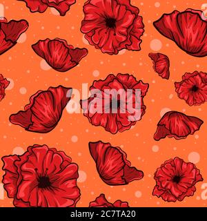 Layered illustration of poppy flowers. Seamless pattern with red plants in bloom, spring season concept. Stock Vector