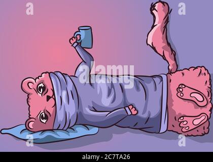 Pink tired ferret in a blue sweater laying on a pillow with a cup of coffee in his hands. Conceptual drawing about the monday vibe. Stock Vector