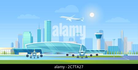 City airport vector illustration. Cartoon flat modern cityscape with business skyscrapers, airport terminal building and air traffic control tower, airplanes on runway, aircraft taking off background