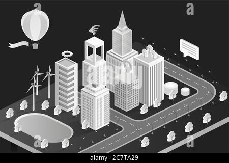 Isometric city vector illustration. Black and white 3d cityscape background with modern bank hotel office buildings, town houses or home apartment, city park, street square downtown top view isometry Stock Vector