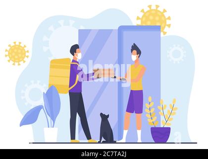 Courier in mask and gloves gives online food order to self isolated man concept flat vector illustration. Young male gets safe parcel. Quarantine covid19 pizza delivery. World outspread coronavirus Stock Vector