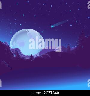 Mountain lake glowing under the light of the moon, fairytale illustration. Night landscape with comets, stars and planets. Stock Vector