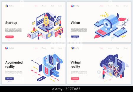 Isometric business startup technology vector illustration set . Creative concept banner, interface website design, cartoon 3d business development using new idea vision, modern developing teamwork Stock Vector