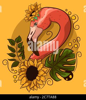 Floral vectorial drawing with a flamingo neck with flowers. Exotic bird with palm monstera leaves and yellow sunflowers. Stock Vector