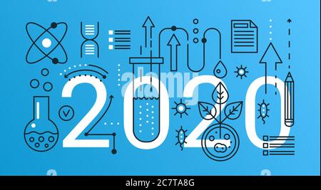 Science thin line vector illustration for website interface design, abstract flat 2020 word with research equipment or products in biotechnology or chemistry, scientific modern researching concept Stock Vector