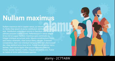 People group in masks flat virus character wide banner panorama concept vector illustration. Multiracial men, women in casual clothes stand back to back to defend each other from pandemic danger. Stock Vector