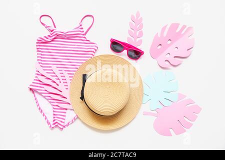 Composition with beach accessories on white background Stock Photo