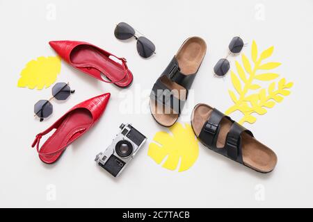 Composition with beach accessories on white background Stock Photo